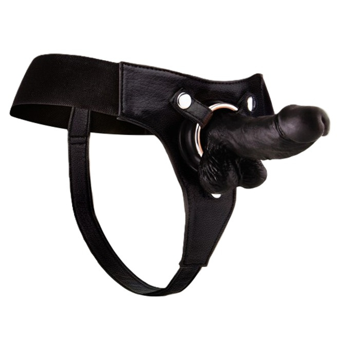 Ouch! Realistic Leather Strap-On Black 15 cm - Pripínaci Penis