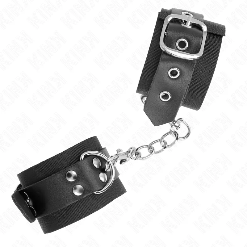 Kink - Nylon Wrist Restraints Black With Leather Belt Black Adjustable 19-29 Cm X 5.1 Cm