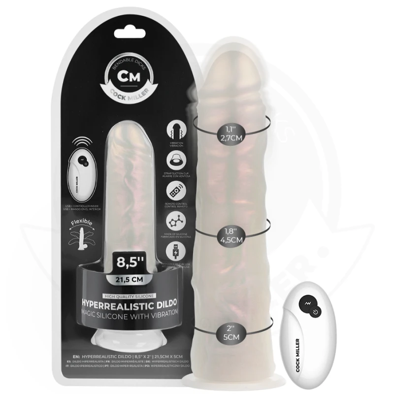 Cock miller - dildo with suction cup, lights and vibration with remote control white 21.5 cm