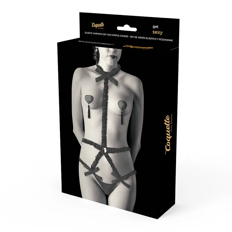 Coquette Elastic Harness Set And Nipple Covers Black