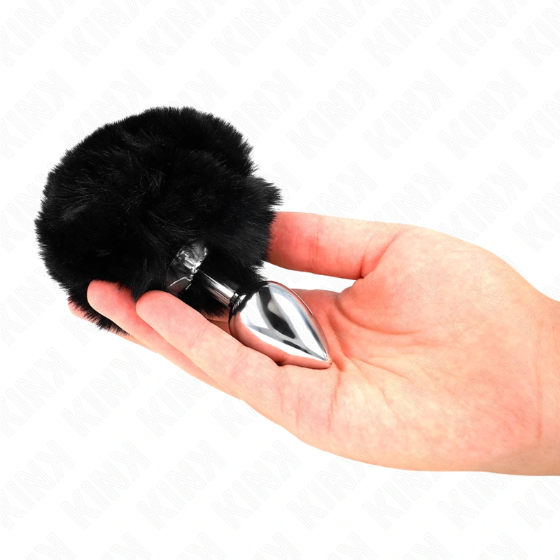 Kink - stainless steel plug 7 x 3 cm with black faux fur rabbit tail 8 cm