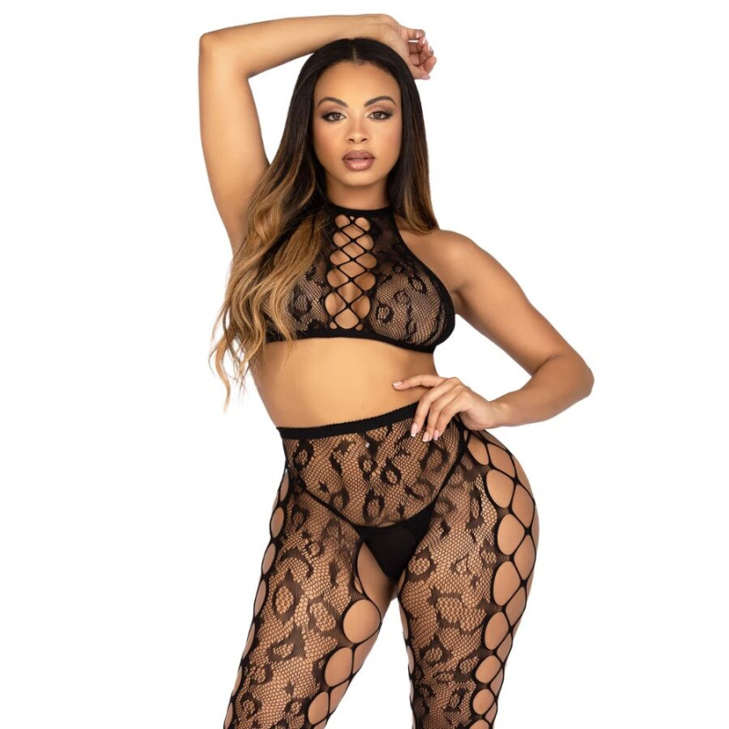 Leg avenue - 89372 crop top & crotchless tights black - one size 5