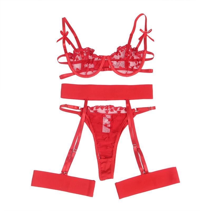 Subblime - 954338 heart print bra + thong + garter belt red l/xl