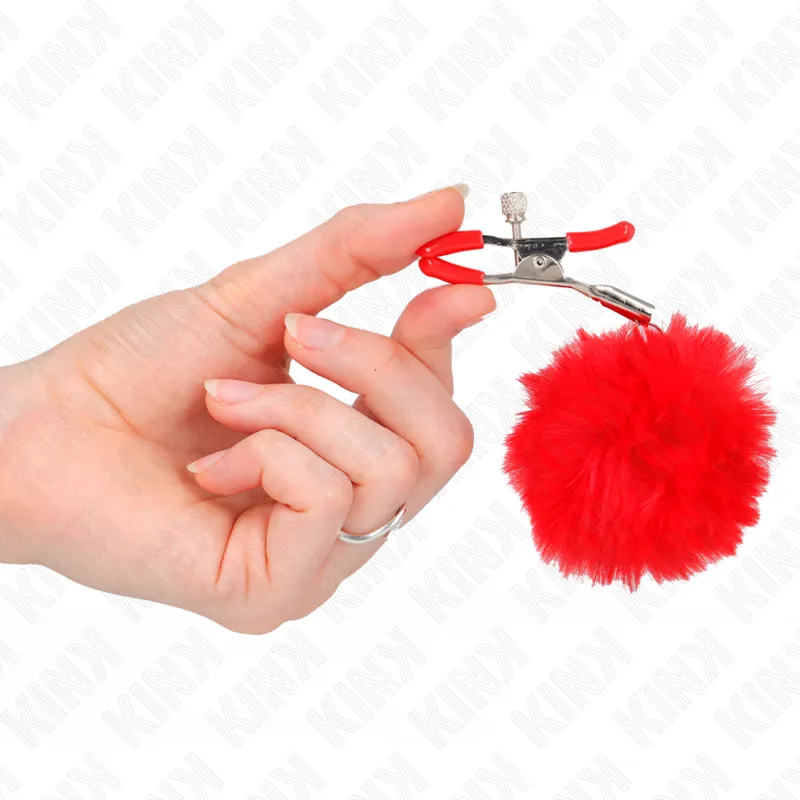 Kink - Faux Fur Ball Nipple Clamp Red 6 Cm