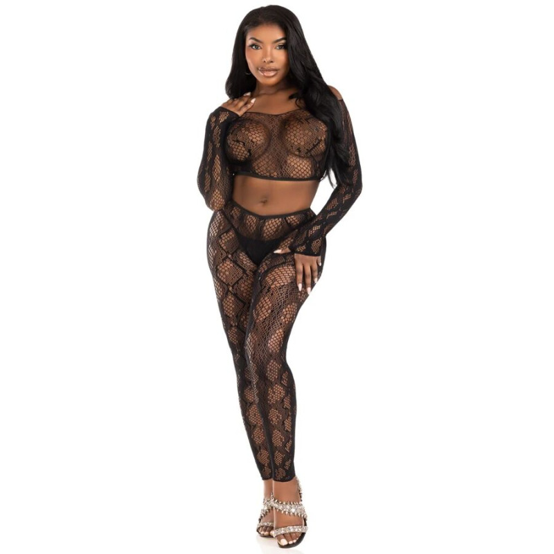 Leg avenue - 89373 python crop top & footless tights black - one size 4