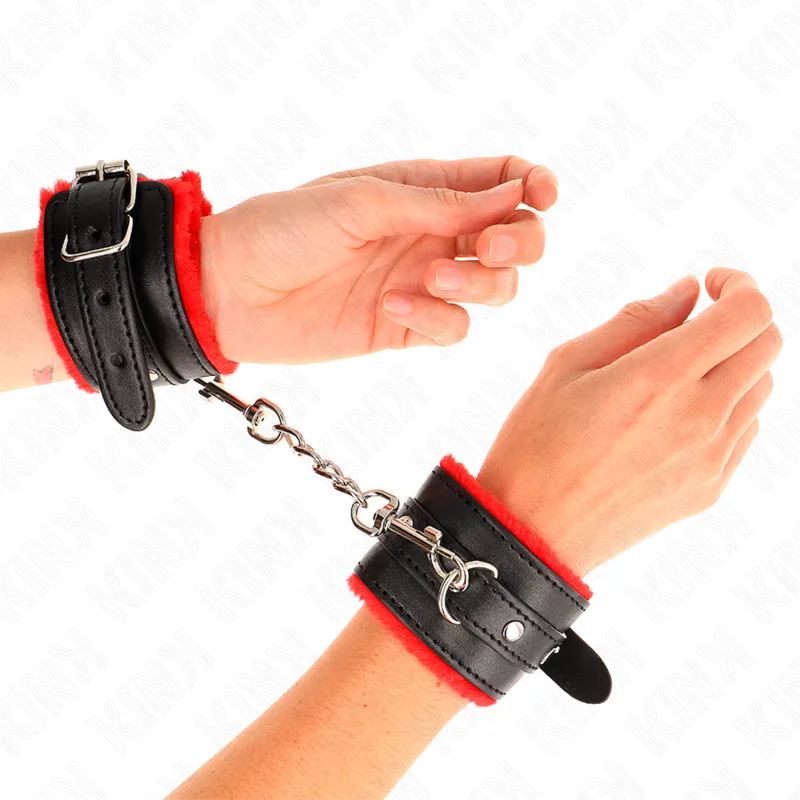 Kink - Premium Fur Lined Wrist Restraints Red With Black Belt Adjustable 17-29 Cm X 6 Cm 2