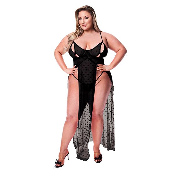 Baci Lingerie - Two-Piece Mesh Gown & G-String Set Black Queen Size