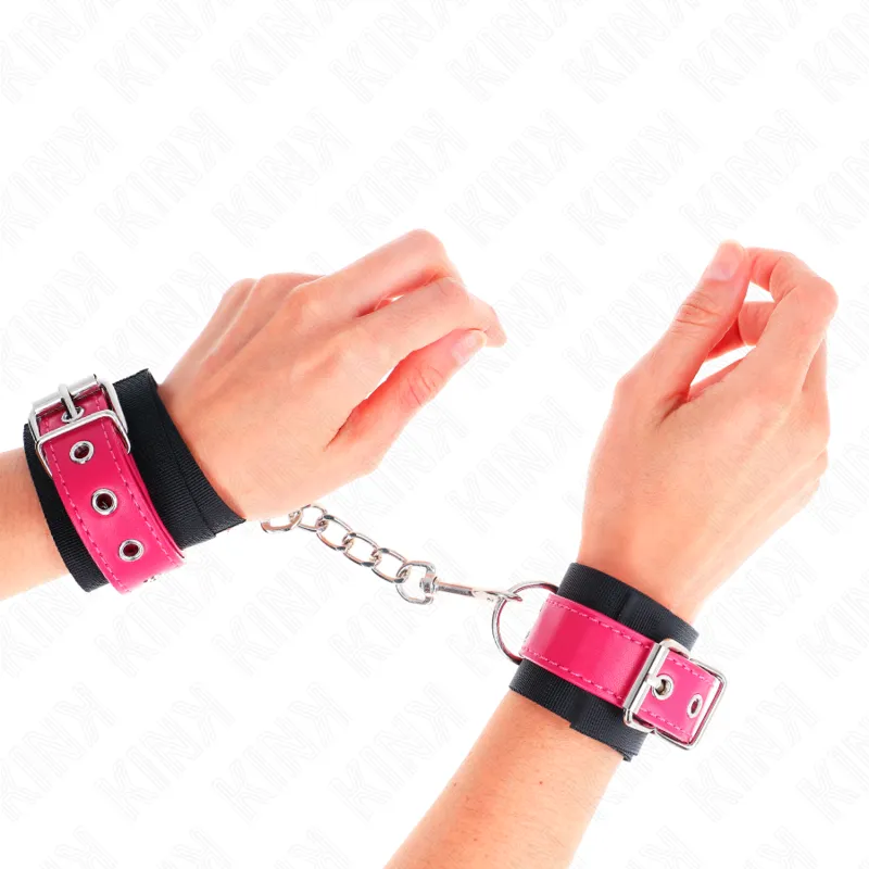 Kink - Nylon Wrist Restraints Black With Leatherette Belt Raspberry Rose Adjustable 19-29