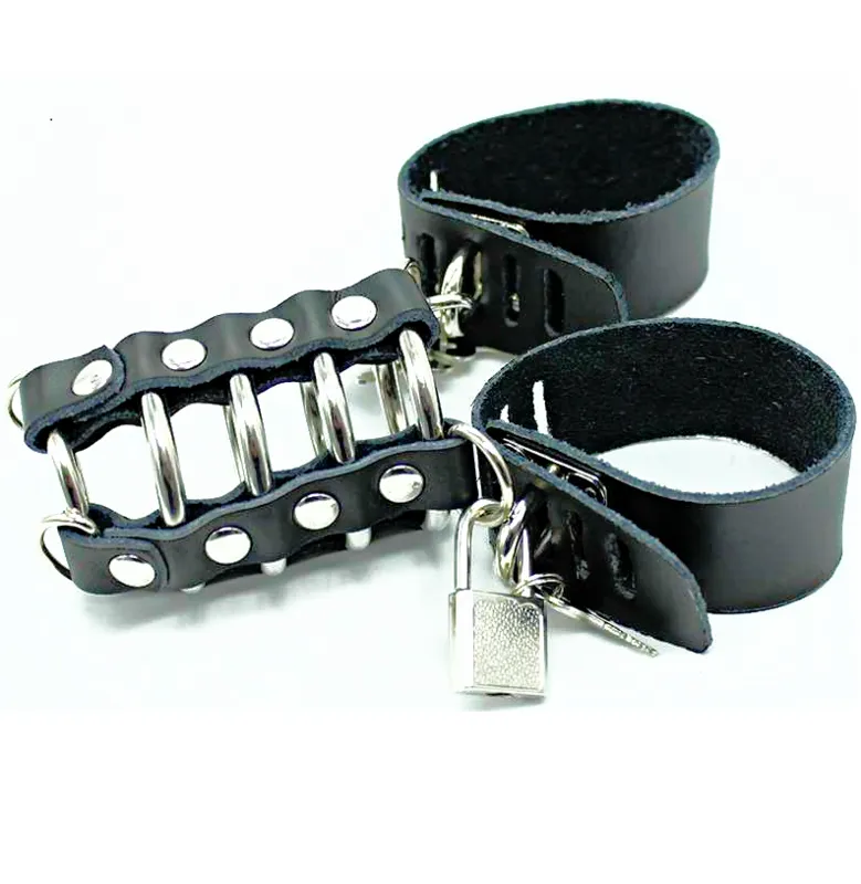 Ohmama Fetish Leather Strap Metal Ring Cock Cage With Ball D 1