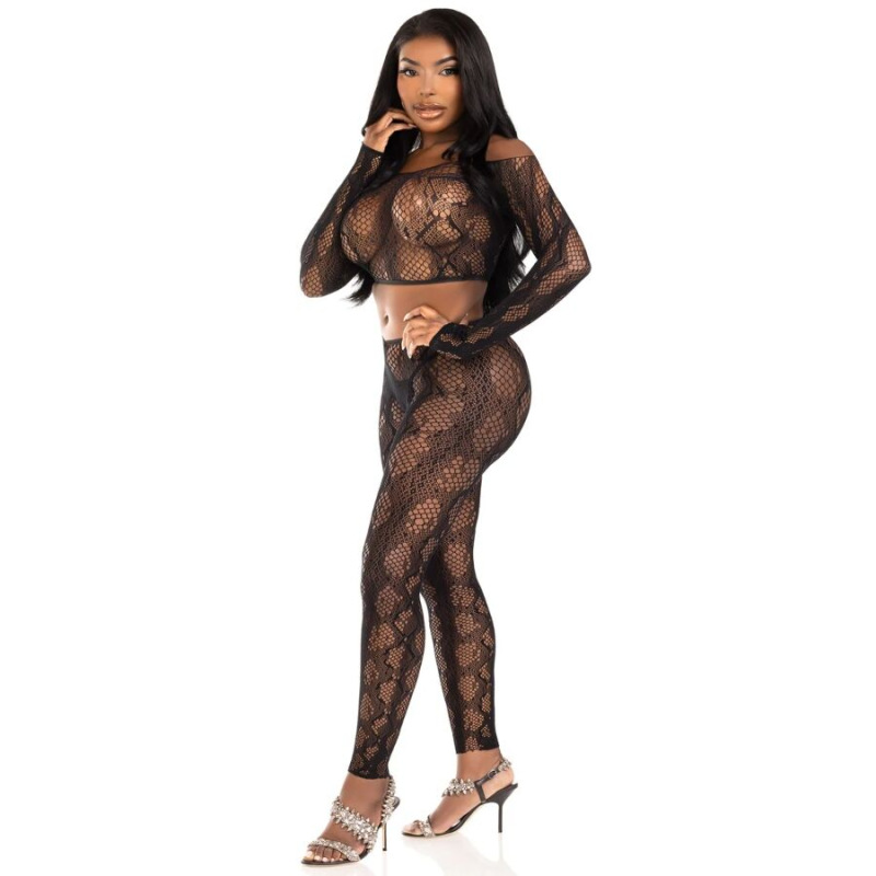 Leg avenue - 89373 python crop top & footless tights black - one size 2