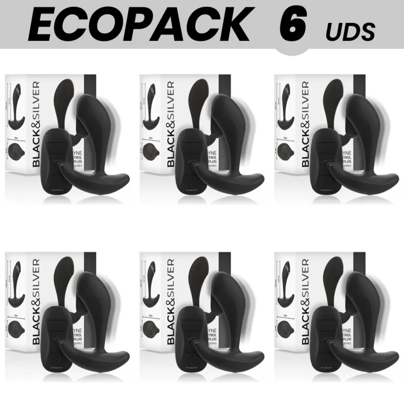 Ecopack 6 Units - Black&Silver Dwayne Anal Plug Silicone Remote Control