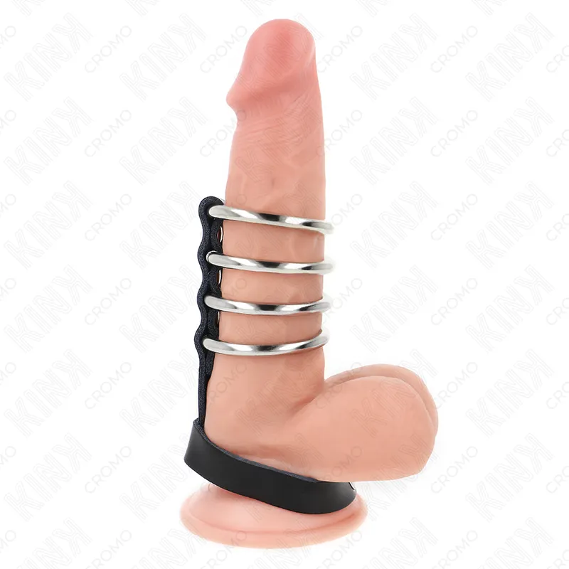 Kink - 4 metal penis rings 3.8 cm connected with leather strap 22 x 1.5 cm and pressure closure