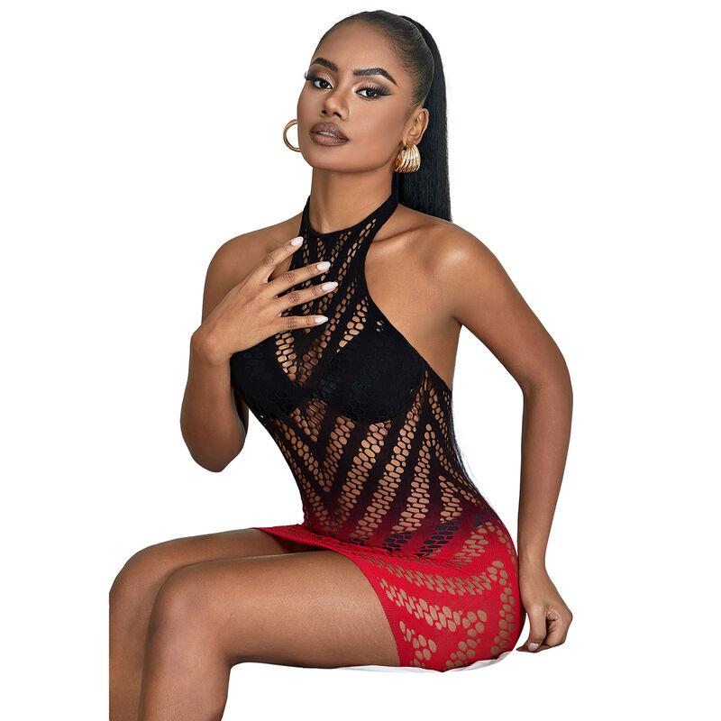 Subblime - 952242 red and black degraded elastic fishnet bodystocking one size