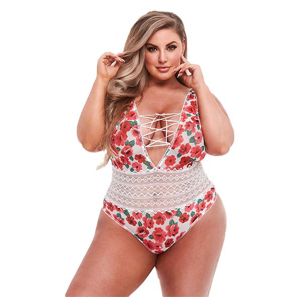 Baci Lingerie - Floral & Lace Up Teddy White Queen Size