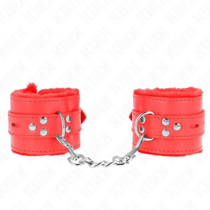 Kink - Fur Lined Wrist Restraints With Square Holes Red And Red Belt Adjustable 17-29 Cm X