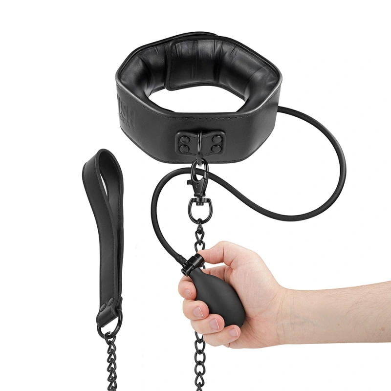 Fetish submissive bondage - inflatable strangling collar with chain