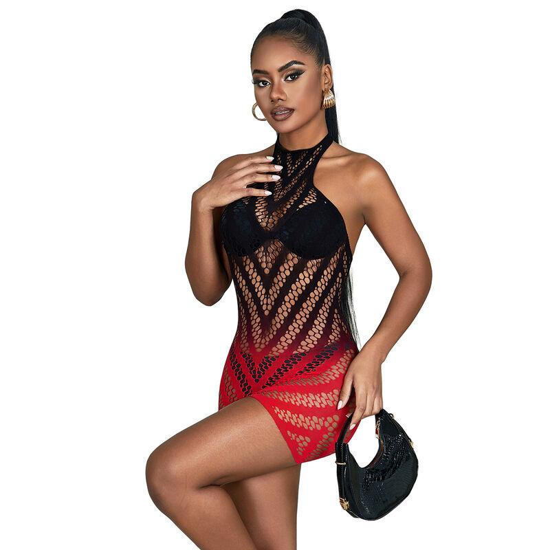 Subblime - 952242 red and black degraded elastic fishnet bodystocking one size