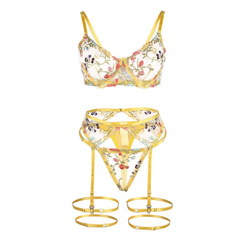 Subblime - 954345 bra + thong + garter belt floral design yellow s/m