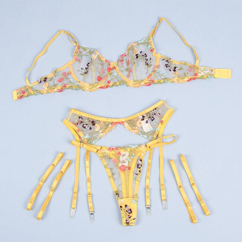 Subblime - 954345 bra + thong + garter belt floral design yellow s/m