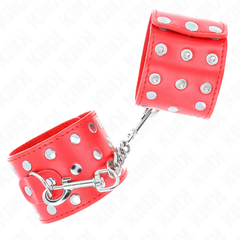 Kink - Wrist Restraints With Snap Fasten Full Of Rivets Red Adjustable 19-24 Cm X 5.5 Cm