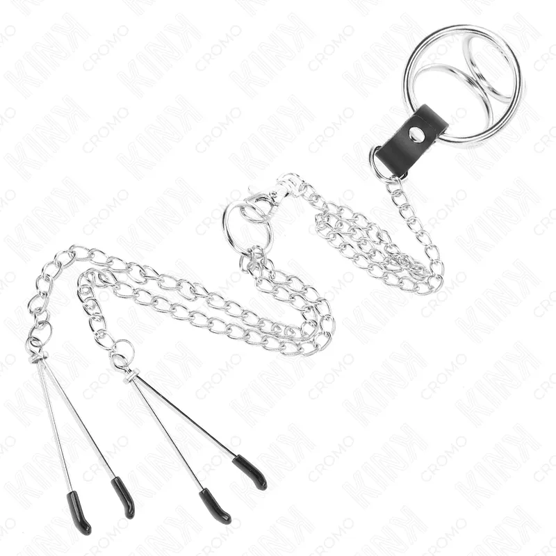 Kink - triple chrome metal penis ring 3 cm to 4.5 cm with 26 cm metal chain and nipple clips