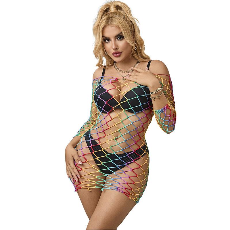 Subblime - 952426 rainbow long sleeve fishnet bodystocking one size