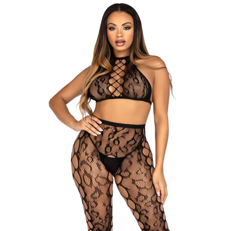 Leg avenue - 89372 crop top & crotchless tights black - one size