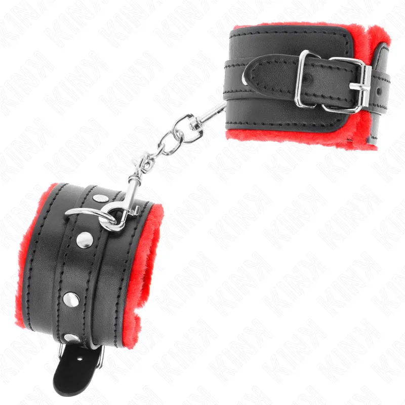 Kink - Premium Fur Lined Wrist Restraints Red With Black Belt Adjustable 17-29 Cm X 6 Cm