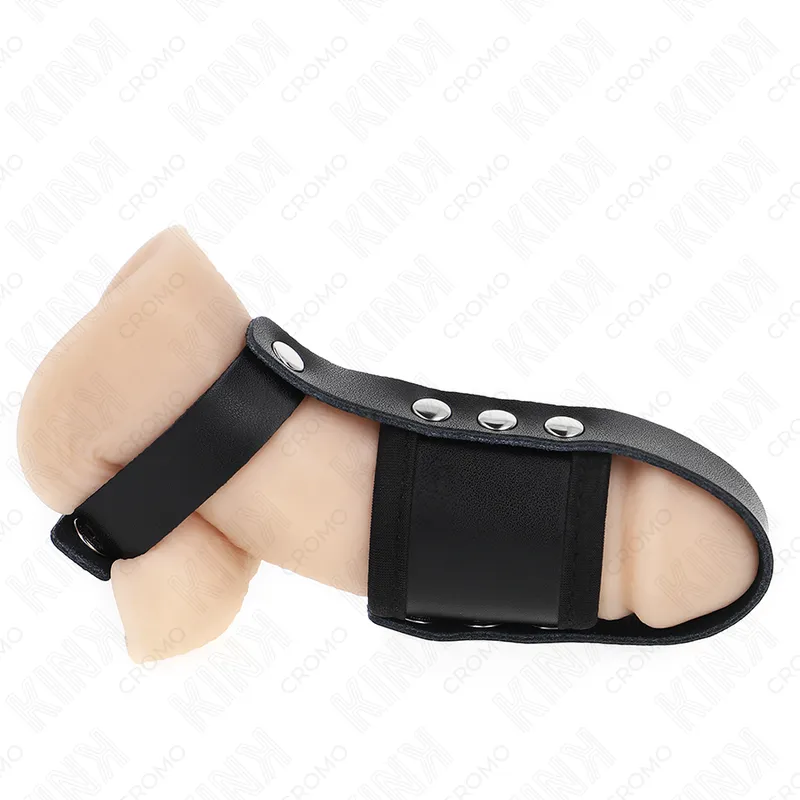 Kink - leather penis cage ring with adjustable coated ball divider strap