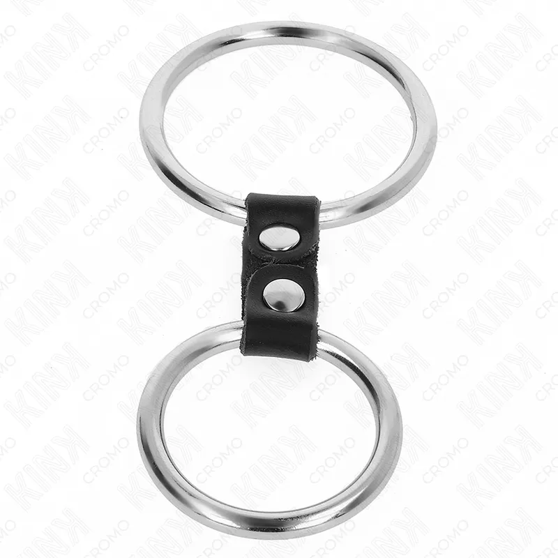 Kink - double metal penis ring 3.7 cm to 5 cm connected by leather strap model 2