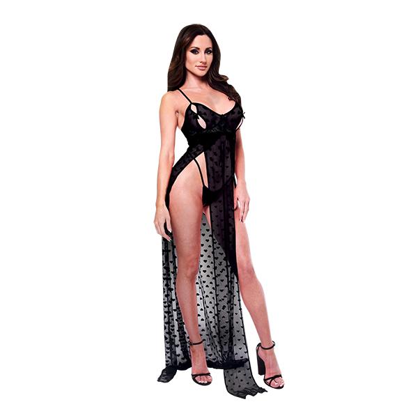 Baci Lingerie - Two-Piece Mesh Gown & G-String Set Black S/M