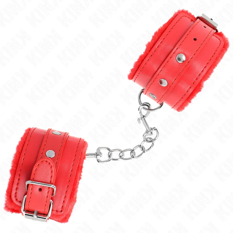 Kink - Premium Fur Lined Wrist Restraints Red With Red Belt Adjustable 17-29 Cm X 6 Cm