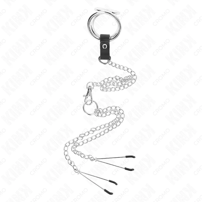 Kink - triple chrome metal penis ring 3 cm to 4.5 cm with 26 cm metal chain and nipple clips