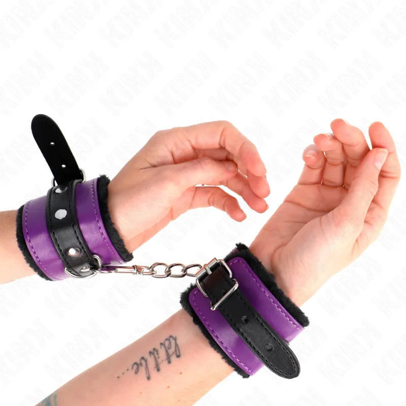 Kink - Premium Fur Lined Wrist Restraints Black With Purple / Black Belt Adjustable 17-29 3
