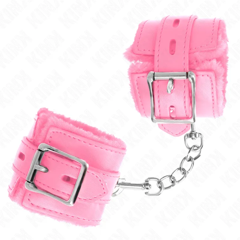 Kink - Fur Lined Wrist Restraints With Square Holes Pink And Pink Belt Adjustable 17-29 Cm