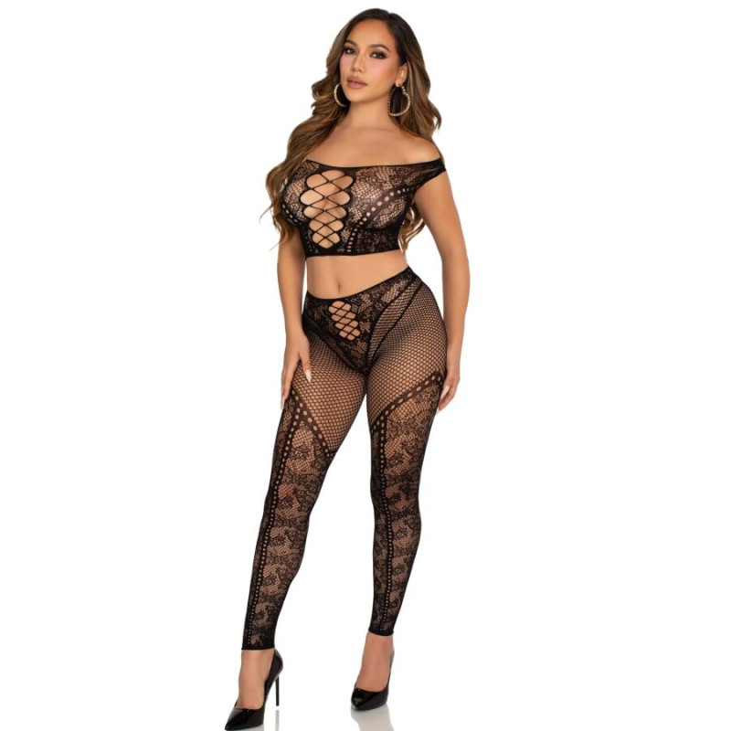 Leg avenue - crop top and fishnet legging with bare shoulders black 1