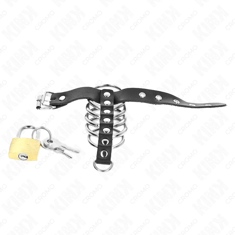 Kink - leather penis ring with lock strap 21 x 2 cm and 5 metal rings from 3 cm to 4 cm