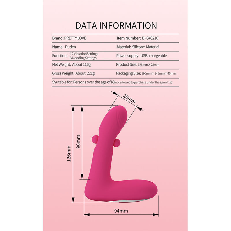 Pretty love - duden rechargeable silicone vibrator 12 vibration modes and 3 rocking modes pink 8