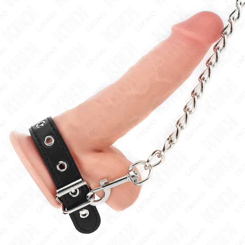 Kink - leather penis ring 21.5 x 2 cm with 60 cm metal chain and leather strap