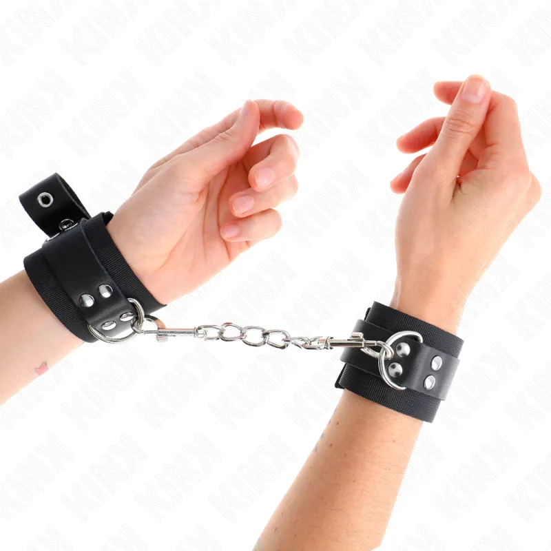 Kink - Nylon Wrist Restraints Black With Leather Belt Black Adjustable 19-29 Cm X 5.1 Cm 3