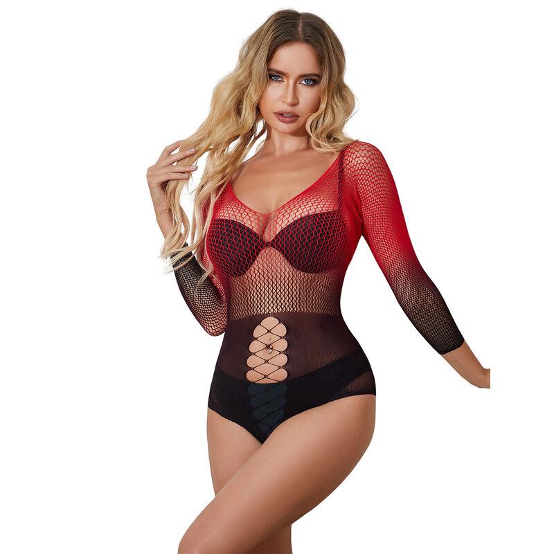 Subblime - 952259 red and black gradient long sleeve elastic fishnet bodystocking one size