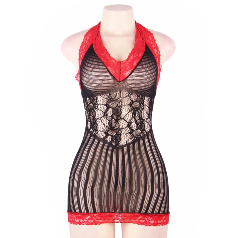 Queen Lingerie Crotchet Mesh Hollow Out Black And Red Chemis