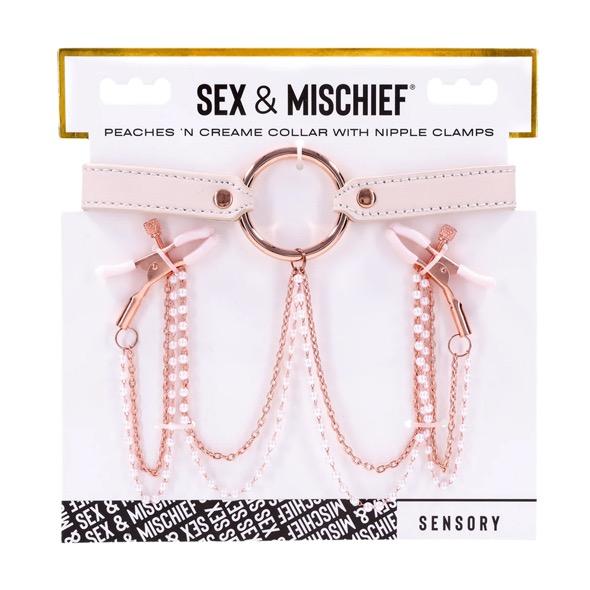 Sportsheets - S&M Peaches ‘N Creame Collar With Nipple Clamps Cream