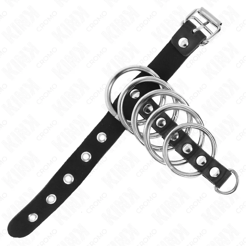 Kink - leather penis ring with lock strap 21 x 2 cm and 5 metal rings from 3 cm to 4 cm