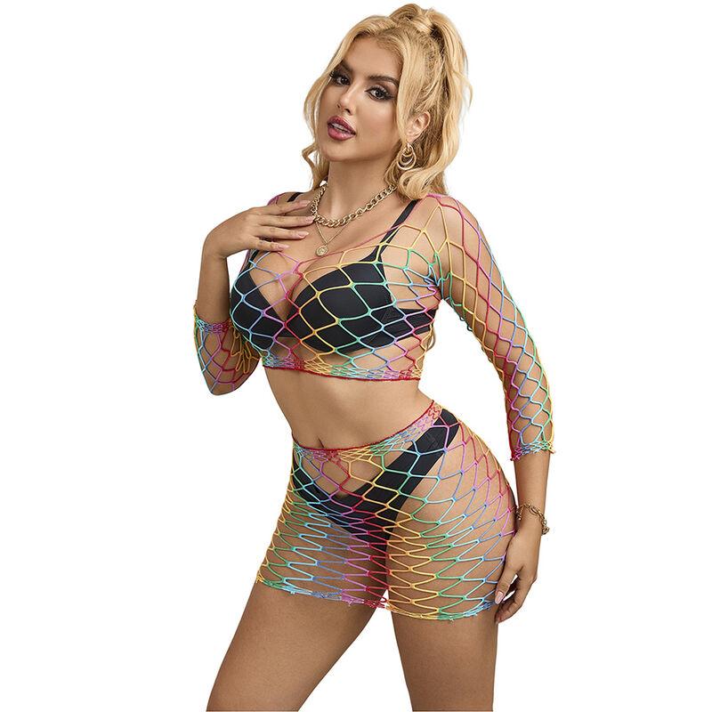 Subblime - 952440 2-piece fishnet bodystocking long sleeve rainbow one size