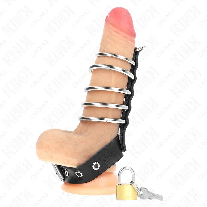 Kink - leather penis ring with lock strap 21 x 2 cm and 5 metal rings from 3 cm to 4 cm