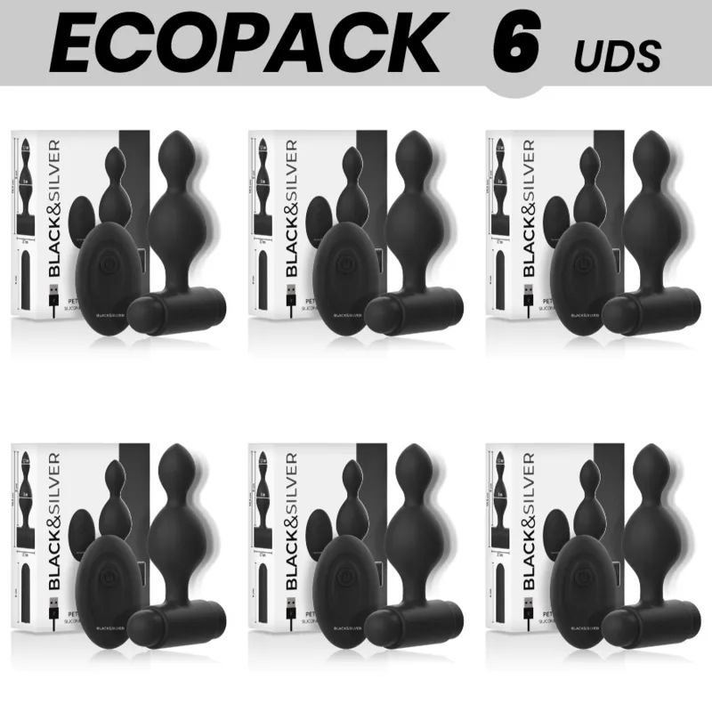 Ecopack 6 Units - Black&Silver Tucker Small Silicone Anal Plug Remote Control