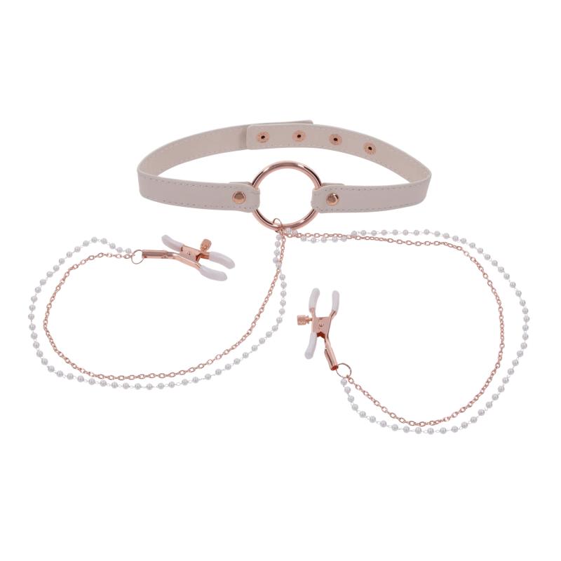 Sportsheets - S&M Peaches ‘N Creame Collar With Nipple Clamps Cream 3