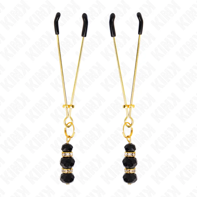 Kink - Gold Thin Nipple Clamps With 3 Black Glass Beads 7 Cm