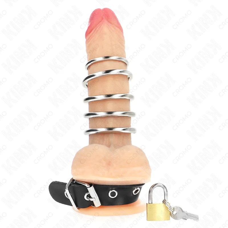 Kink - leather penis ring with lock strap 21 x 2 cm and 5 metal rings from 3 cm to 4 cm